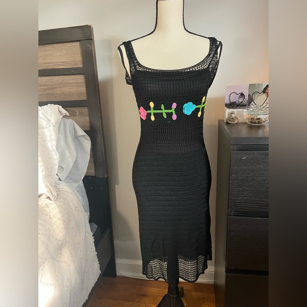 Arden B Black Crochet Dress with Colorful Floral Accents